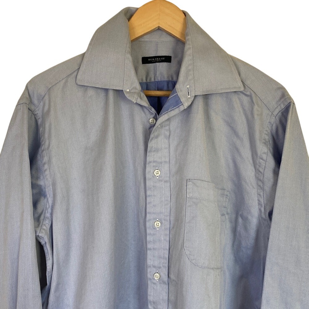 Burberry London Men's Blue French Cuff Button Front Dress Shirt Size 16R Chevron